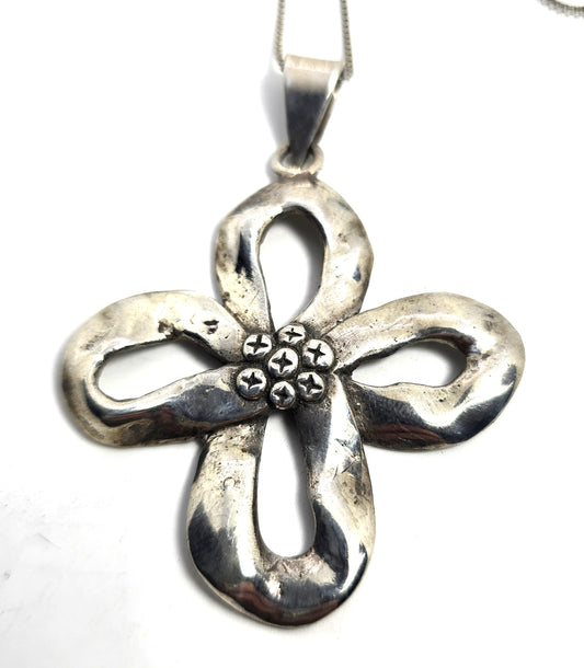 JM Large solid Sterling silver Cross vintage retro pendant necklace