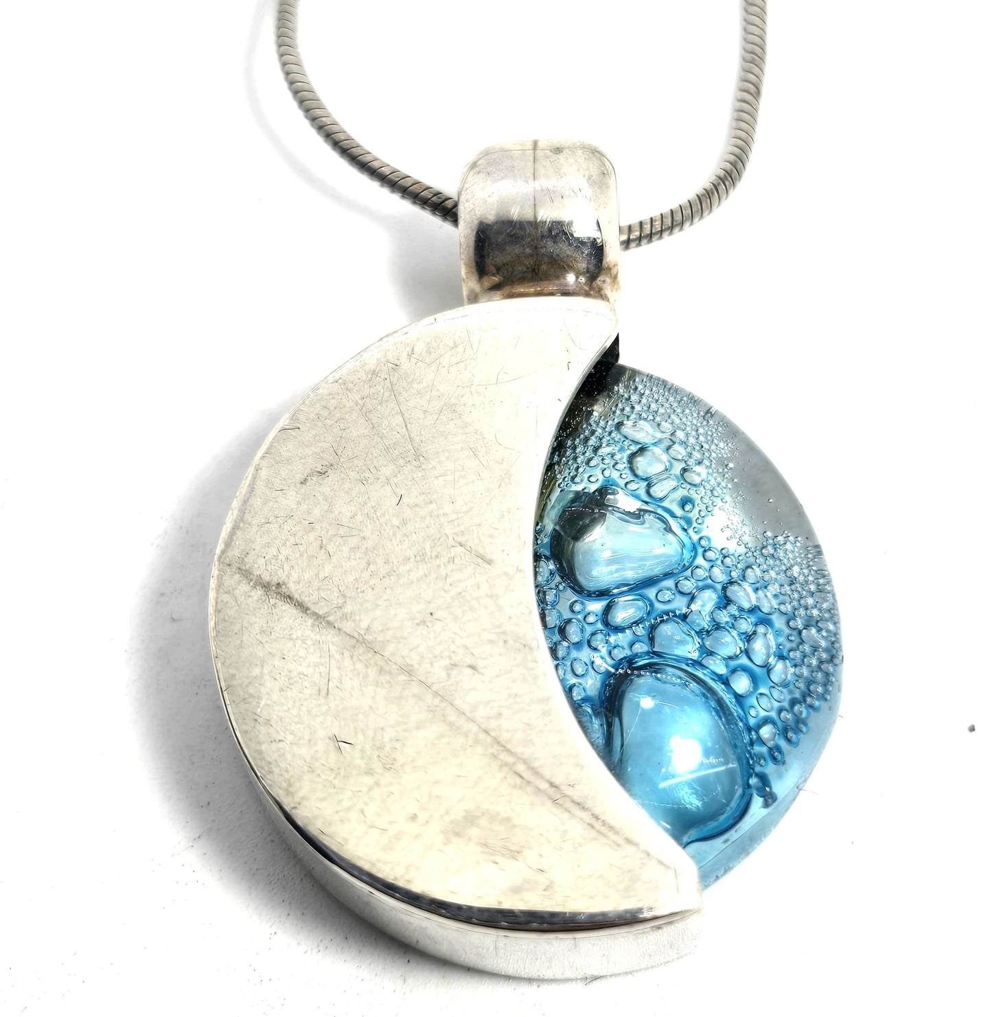 Blue moon Celestial crescent moon blue art glass Sterling silver  pendant necklace