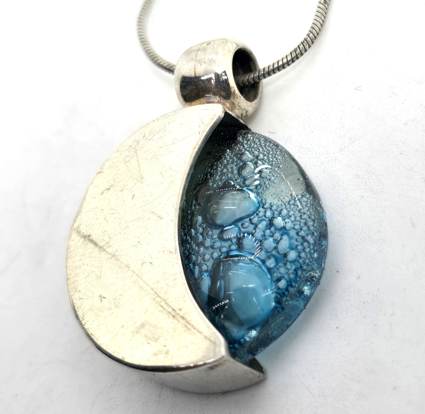 Blue moon Celestial crescent moon blue art glass Sterling silver  pendant necklace
