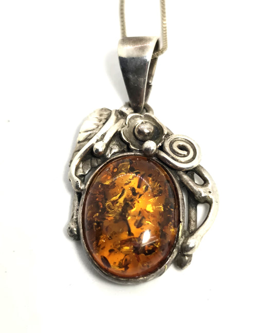 Baltic Amber abstract artisan flower sterling silver vintage pendant necklace