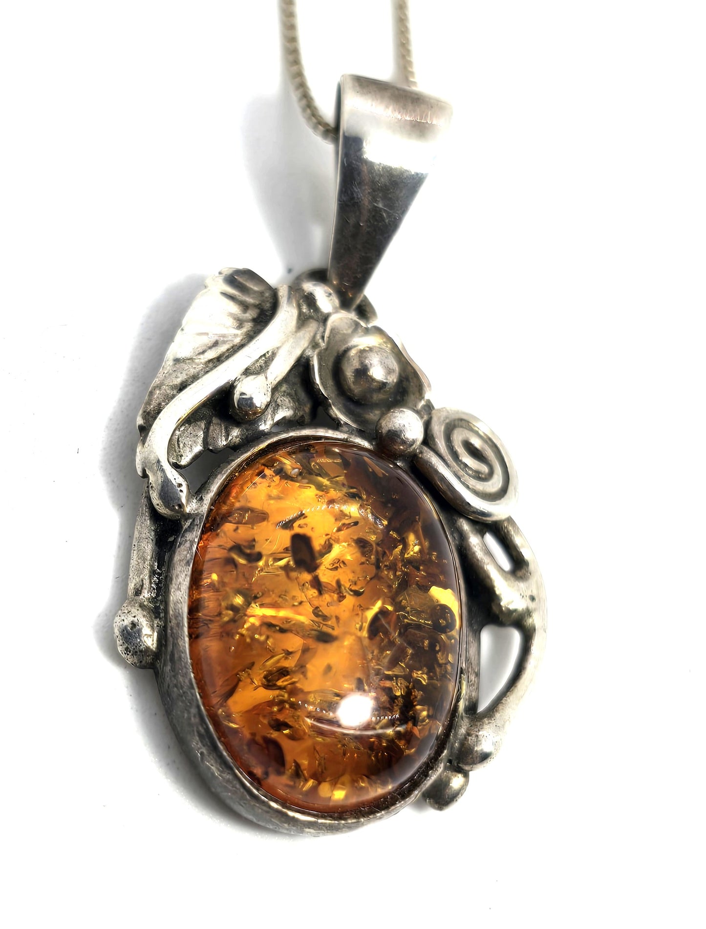 Baltic Amber abstract artisan flower sterling silver vintage pendant necklace