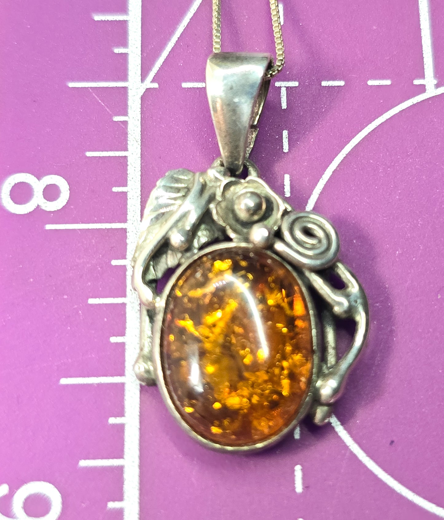 Baltic Amber abstract artisan flower sterling silver vintage pendant necklace