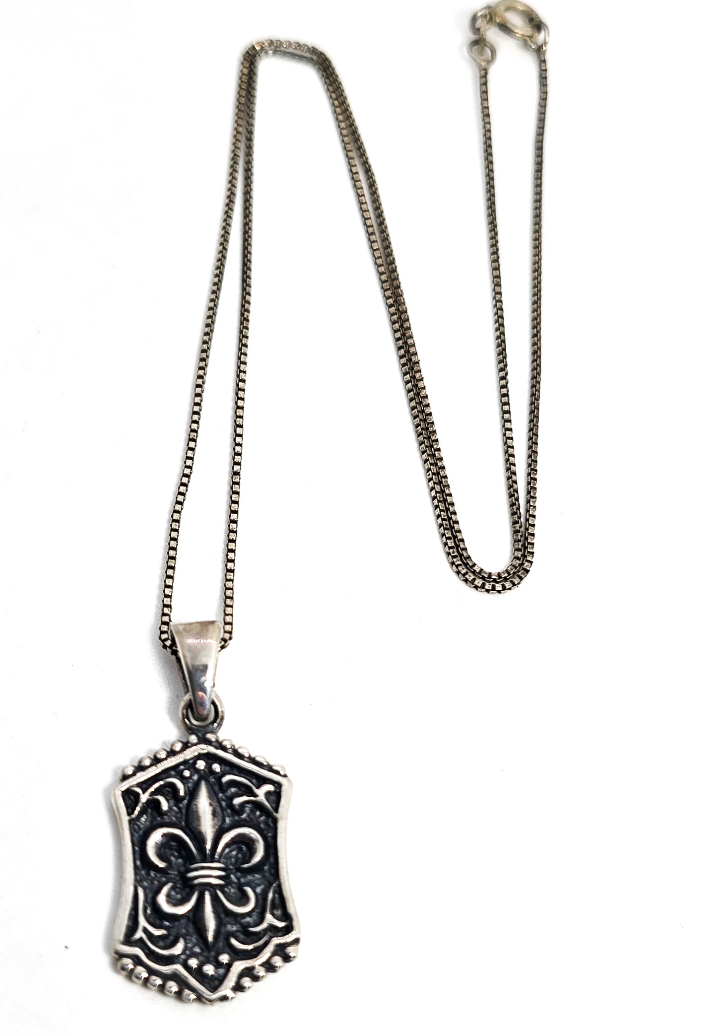 Fleur De Lis filigree scroll solid sterling silver signed pendant necklace