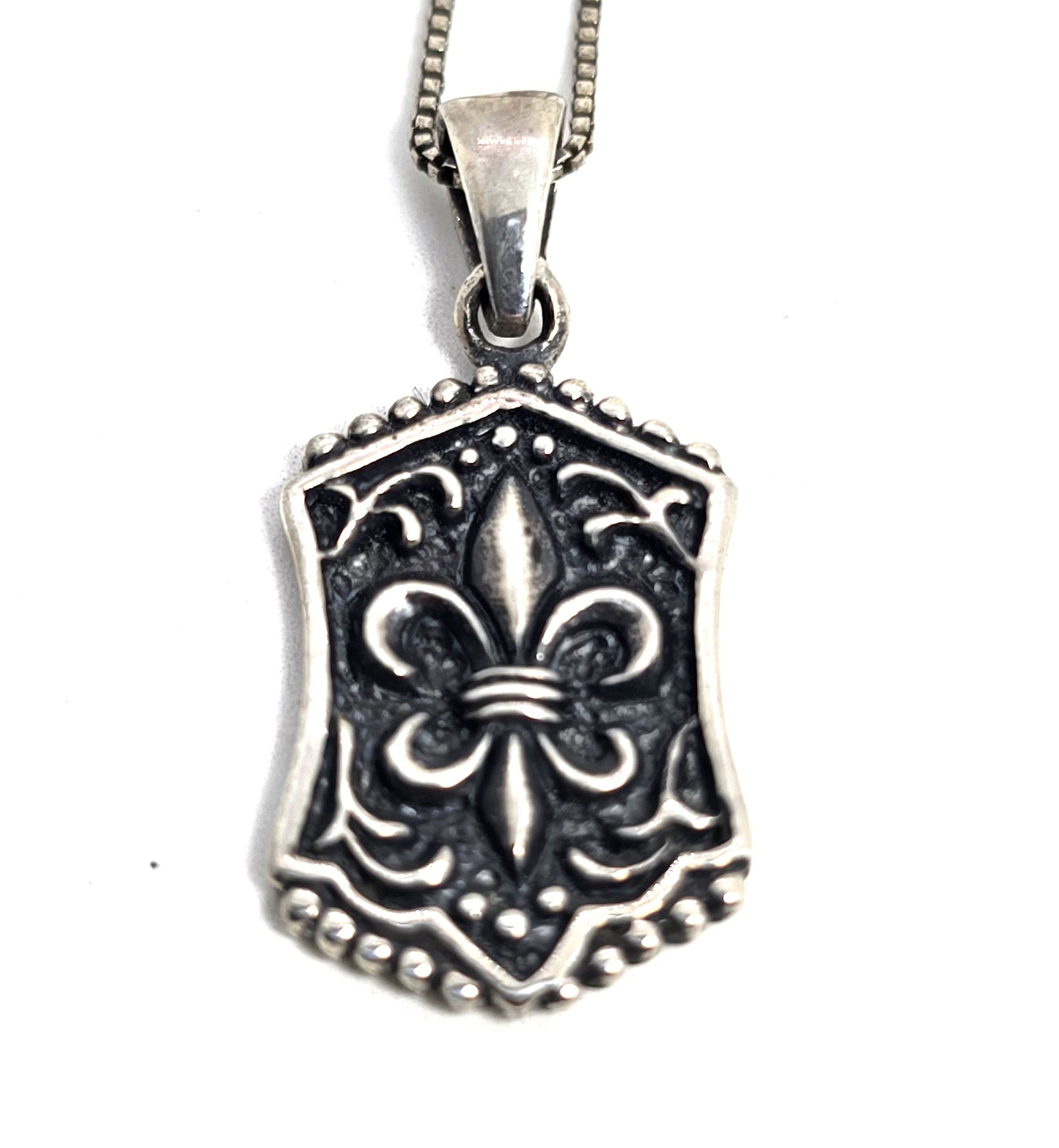 Fleur De Lis filigree scroll solid sterling silver signed pendant necklace