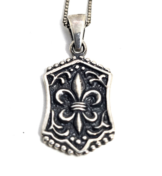 Fleur De Lis filigree scroll solid sterling silver signed pendant necklace