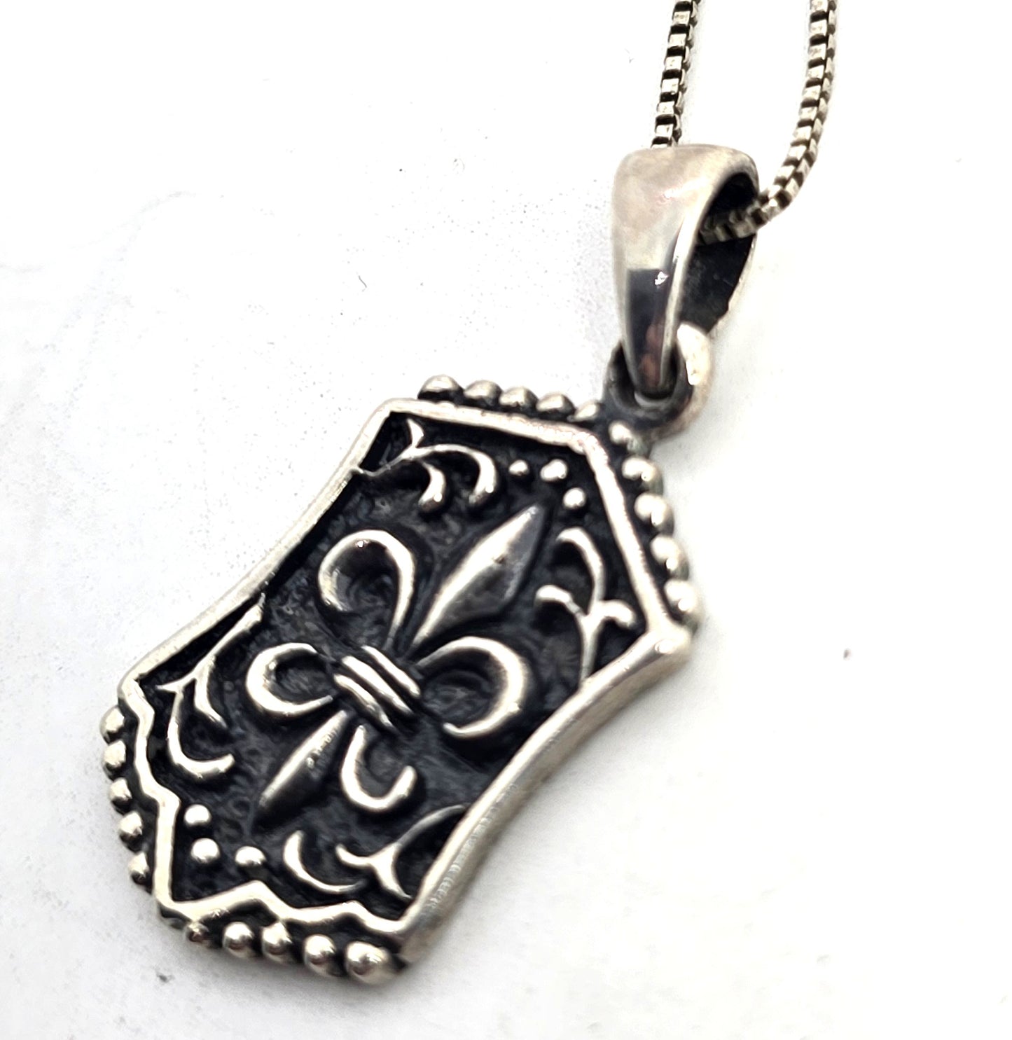 Fleur De Lis filigree scroll solid sterling silver signed pendant necklace