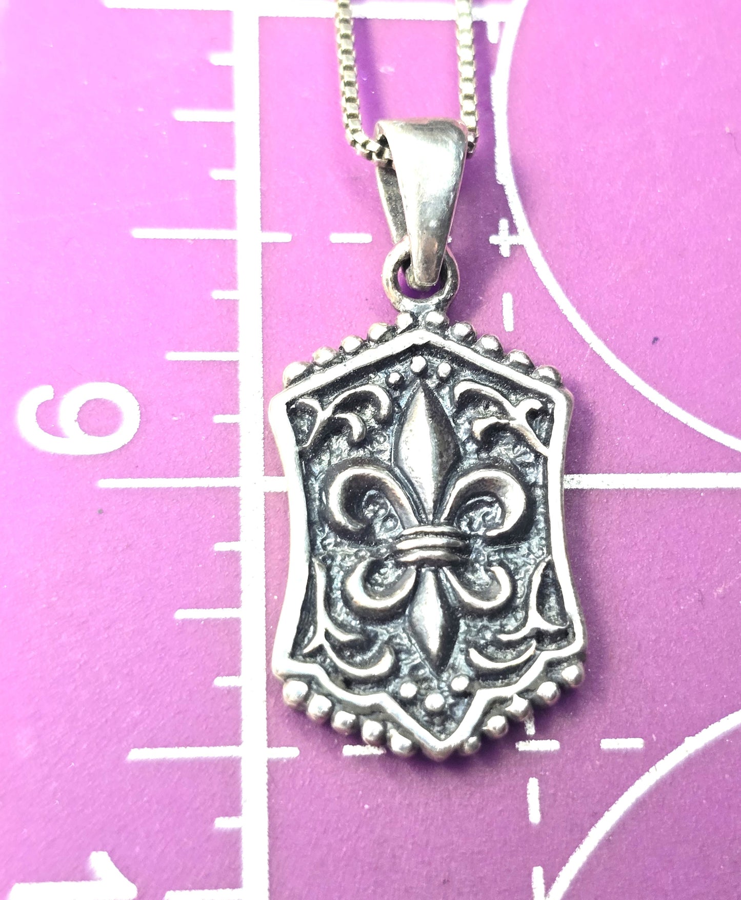 Fleur De Lis filigree scroll solid sterling silver signed pendant necklace
