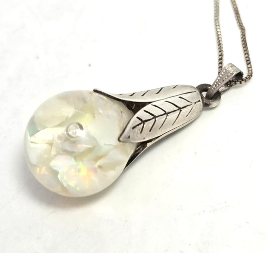 Retro tulip flower floating opal fire opal chip original sterling silver pendant necklace