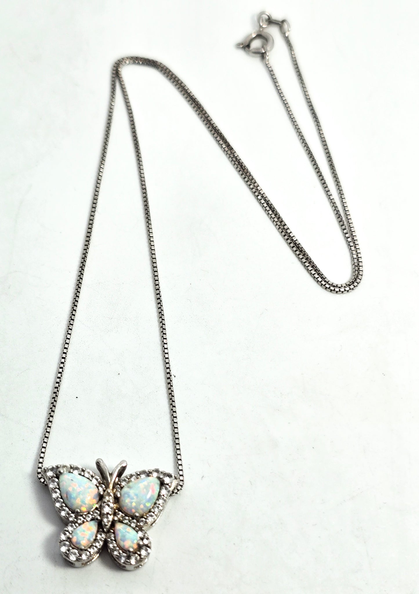 SUN White fire opal mosaic sterling silver butterfly cubic zirconia CZ pendant necklace
