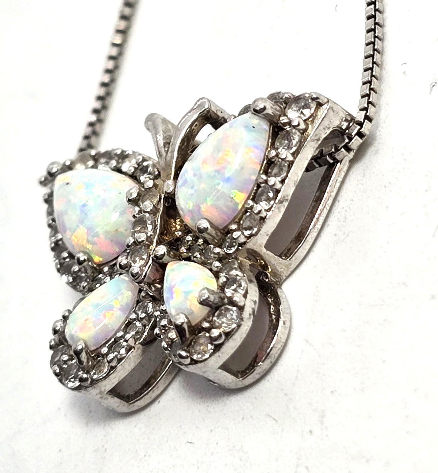 SUN White fire opal mosaic sterling silver butterfly cubic zirconia CZ pendant necklace