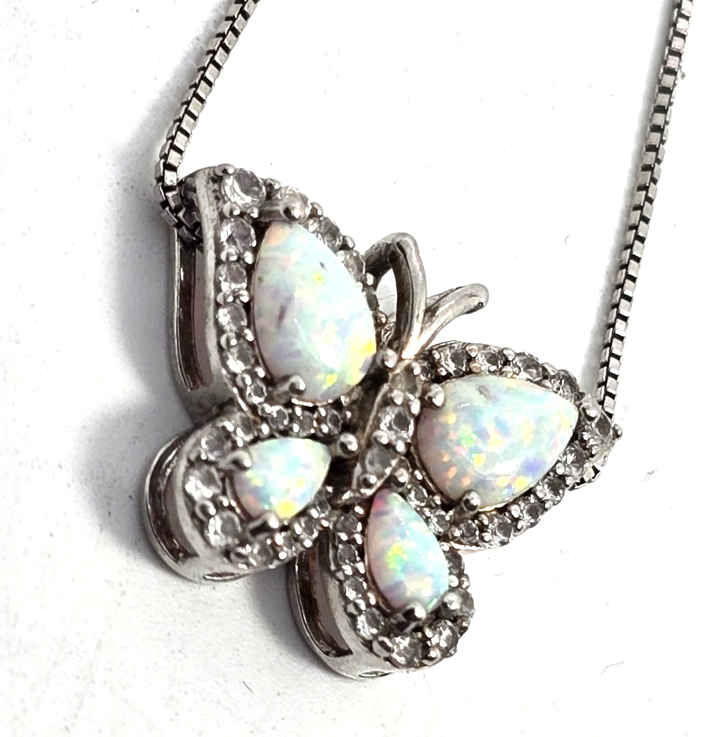 SUN White fire opal mosaic sterling silver butterfly cubic zirconia CZ pendant necklace
