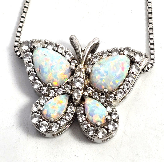 SUN White fire opal mosaic sterling silver butterfly cubic zirconia CZ pendant necklace
