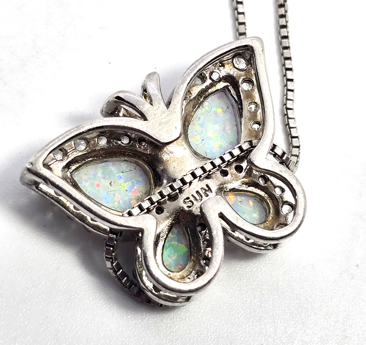 SUN White fire opal mosaic sterling silver butterfly cubic zirconia CZ pendant necklace