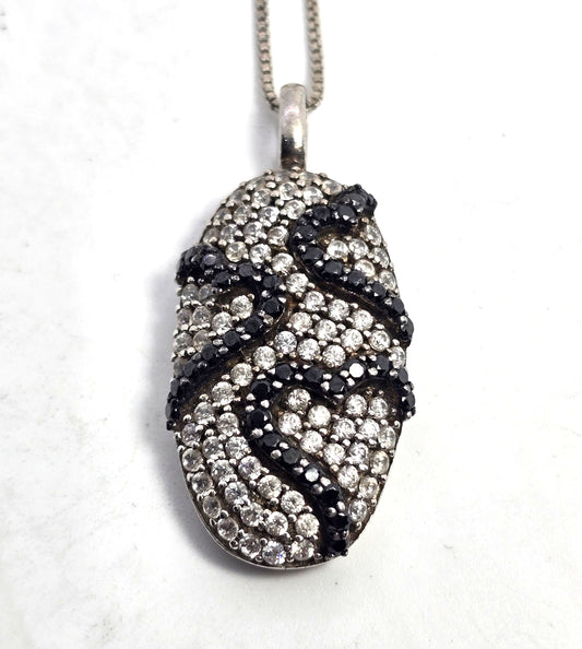 Triple heart black and white Cubic Zirconia HN signed sterling silver necklace
