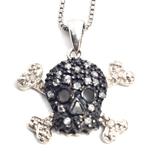 Jolly Roger skull and crossbones black and white diamond sterling silver necklace HN
