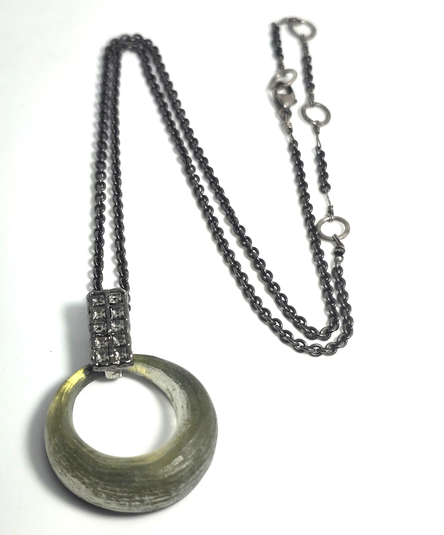 Alexis Bittar green Lucite and gunmetal signed rhinestone pendant necklace