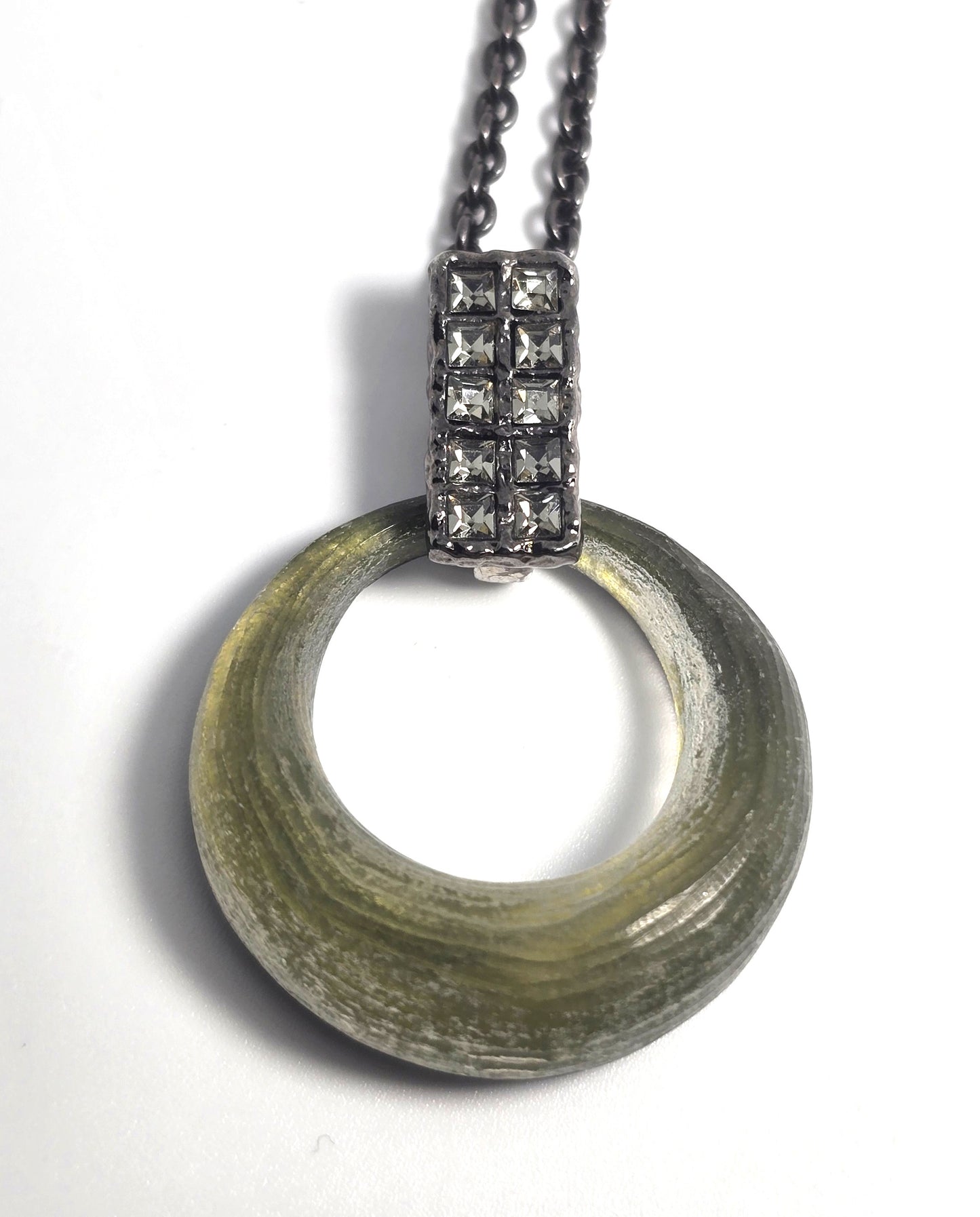 Alexis Bittar green Lucite and gunmetal signed rhinestone pendant necklace