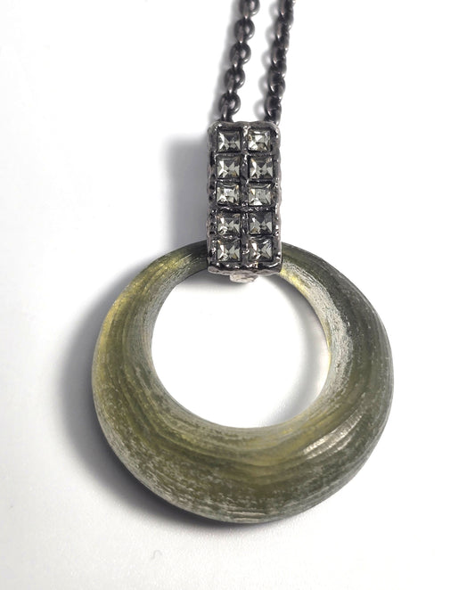 Alexis Bittar green Lucite and gunmetal signed rhinestone pendant necklace