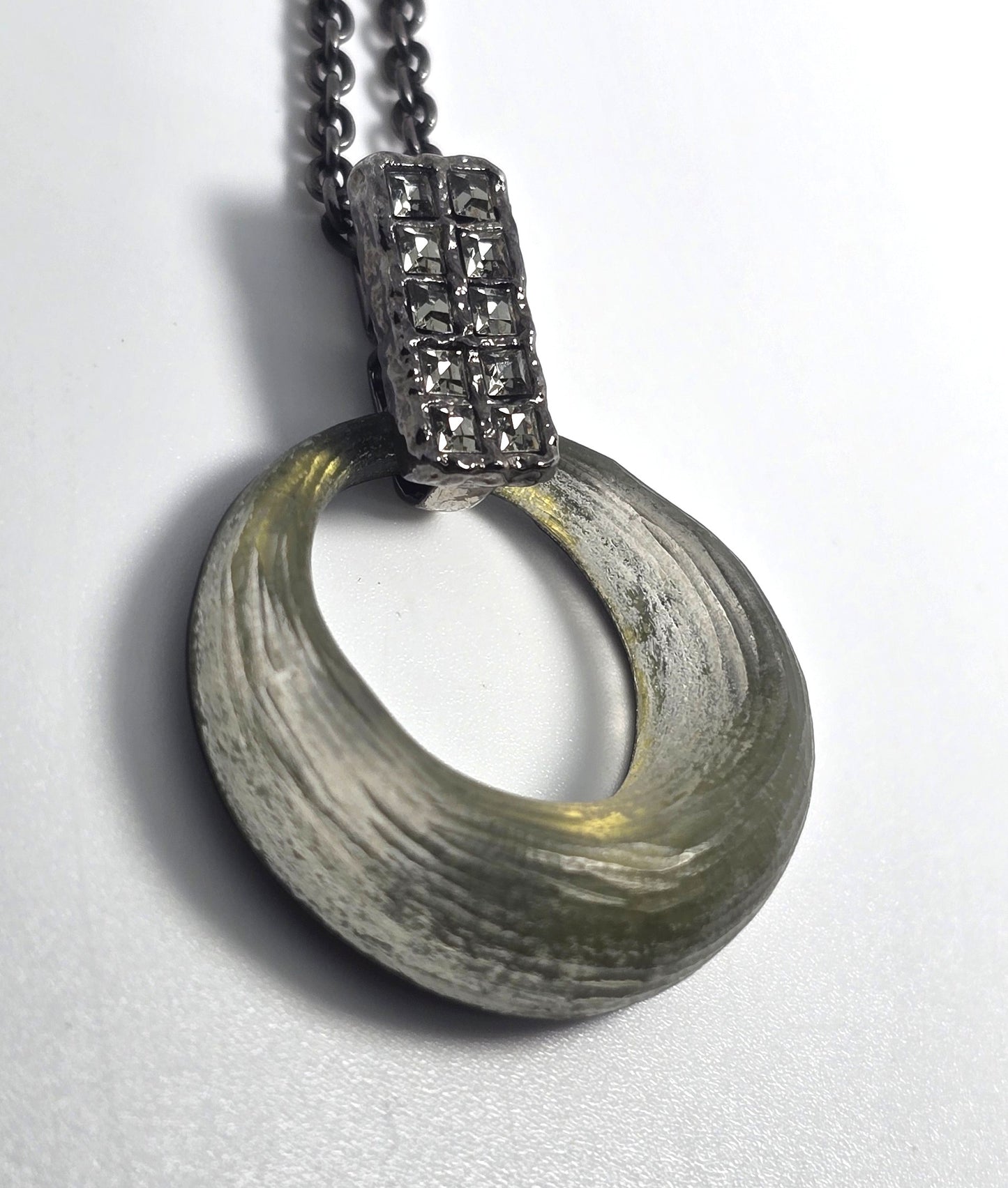 Alexis Bittar green Lucite and gunmetal signed rhinestone pendant necklace