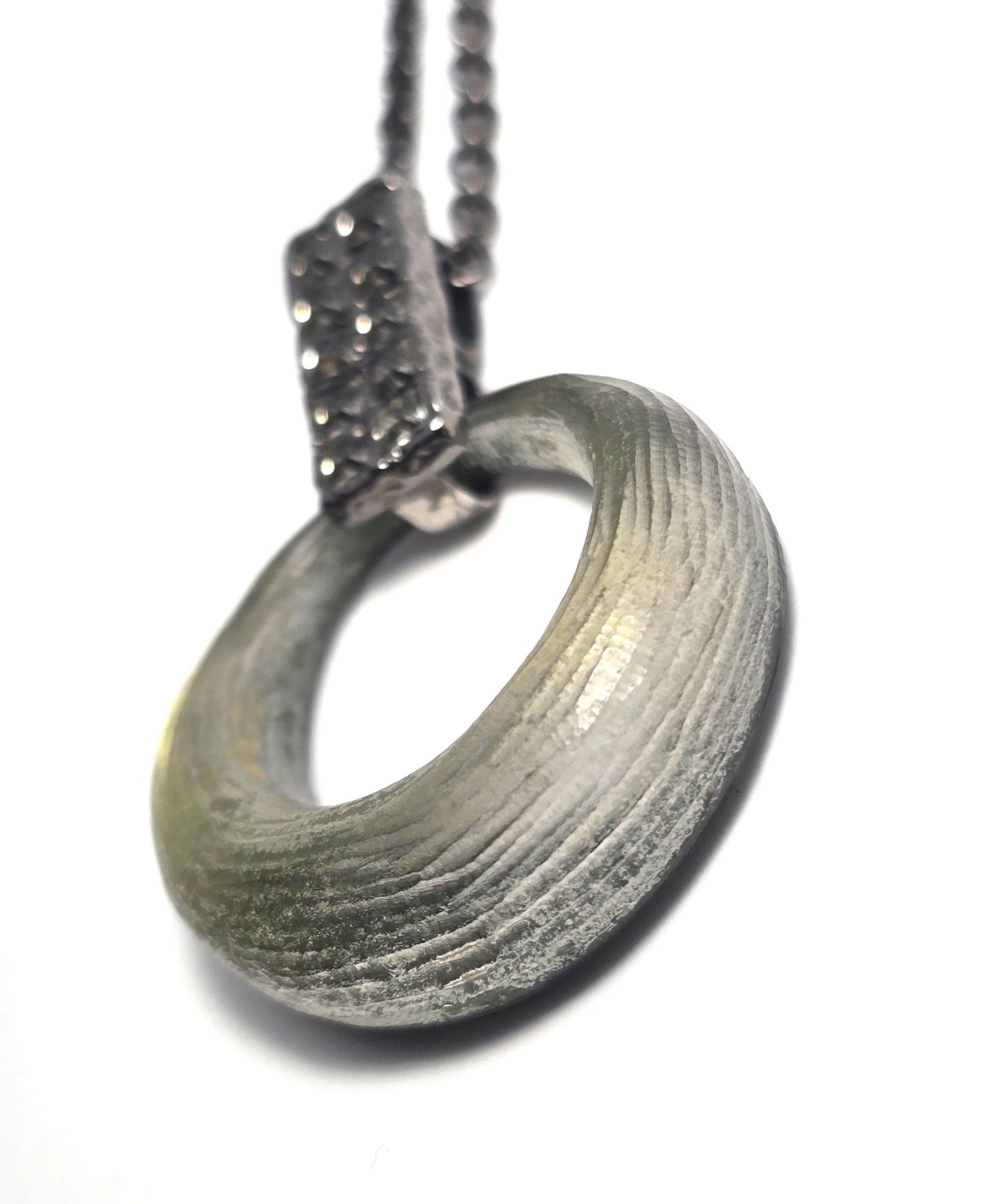 Alexis Bittar green Lucite and gunmetal signed rhinestone pendant necklace