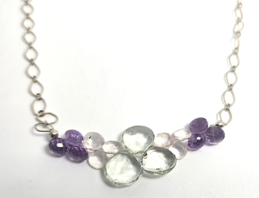 Rainbow Tourmaline Briolette beaded gemstone sterling silver stationary necklace
