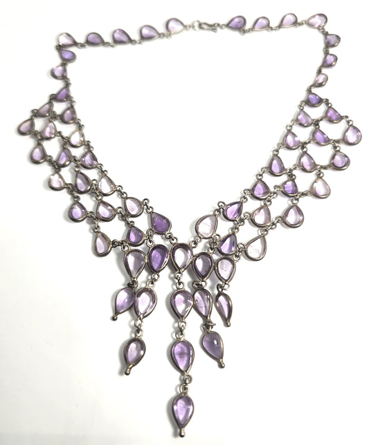 Amethyst purple gemstone sterling silver festoon vintage large statement necklace