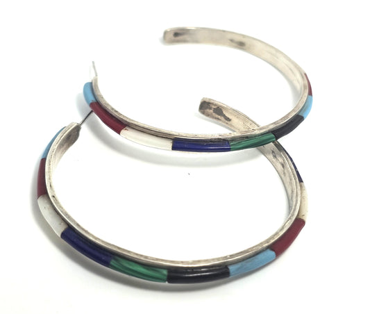 Jared Chavez Multi Gemstone Native American 2" vintage sterling silver post hoop earrings