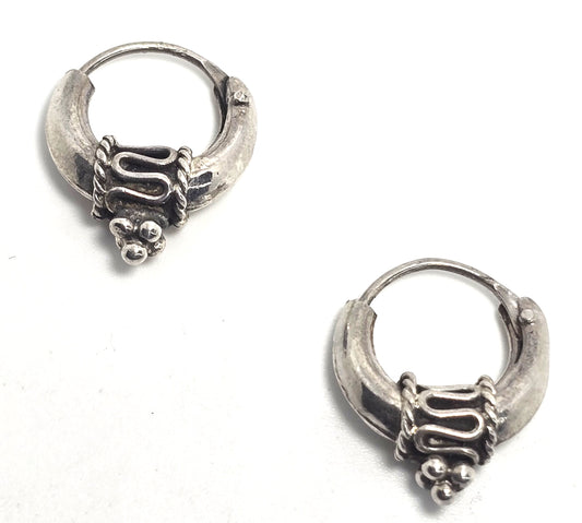 Retro Tribal Bali puffy internal threaded sterling silver small hoop earrings