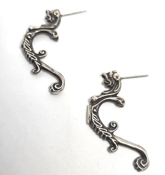 Gryphon dragon beast vintage half hoop detailed sterling silver post earrings