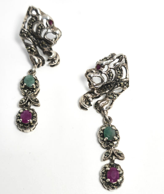 Tiger open work marcasite ruby and emerald vintage sterling silver drop earrings