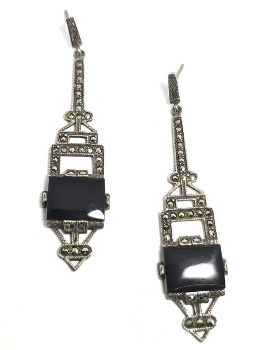 Judith Jack Black onyx marcasite Art Deco style sterling silver drop vintage earrings