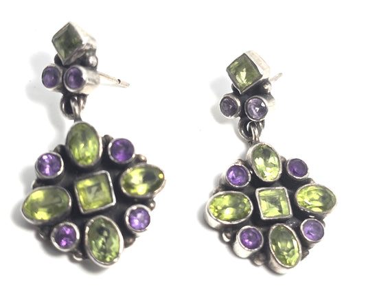 Amethyst Peridot purple green multi gemstone drop sterling silver earrings