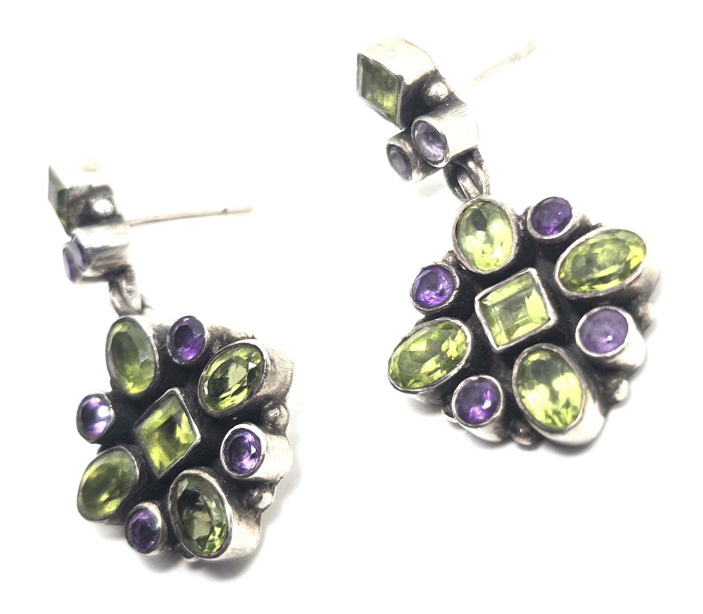 Amethyst Peridot purple green multi gemstone drop sterling silver earrings