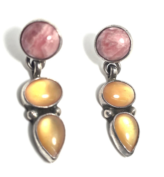 Rhodochrosite pink gemstone yellow inlay vintage drop sterling silver earrings