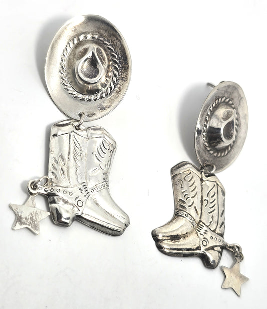 Cowboy hat and boots concho reposse vintage sterling silver post earrings