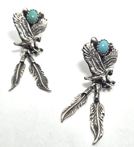 Running Bear Eagle turquoise feather Native American sterling silver vintage earrings