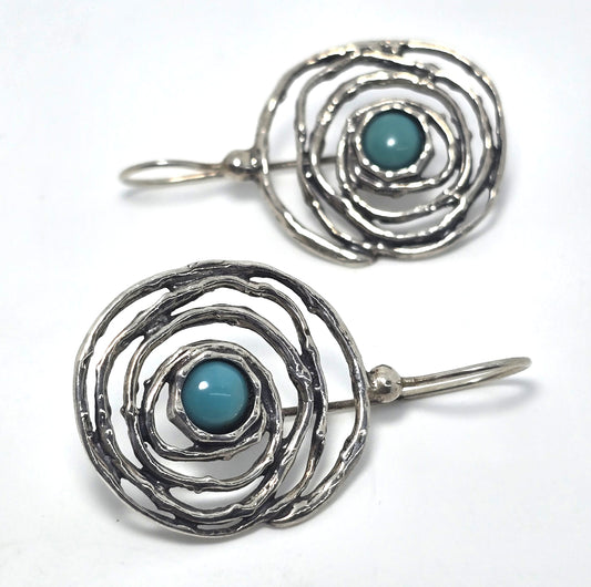 PZ Israel blue stone Hammered Sterling Silver large swirl earrings