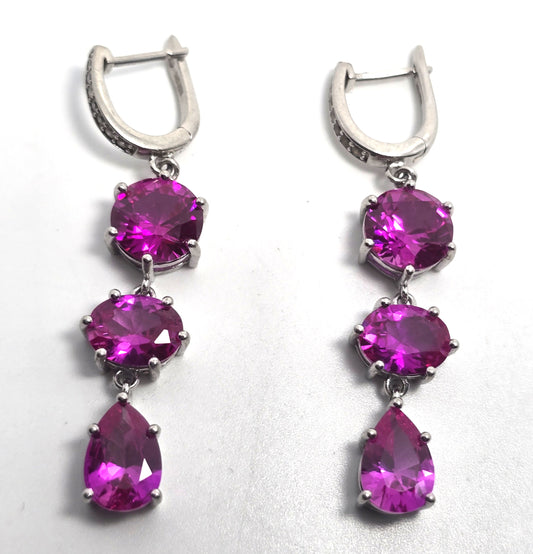 Triple large synthetic pink sapphire white spinel DK sterling silver earrings