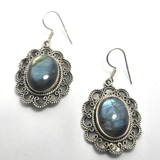PTI Labradorite gemstone drop Bali India sterling silver vintage earrings
