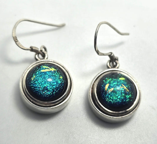 Blue Dichroic Glass gold painted vintage drop artisan sterling silver earrings