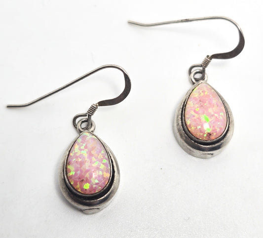 Pink synthetic Fire opal pear cut gemstone sterling silver drop earrings