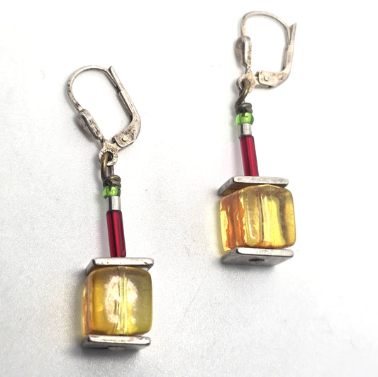 Artisan cubed yellow painted glass modernist sterling silver vintage earrings