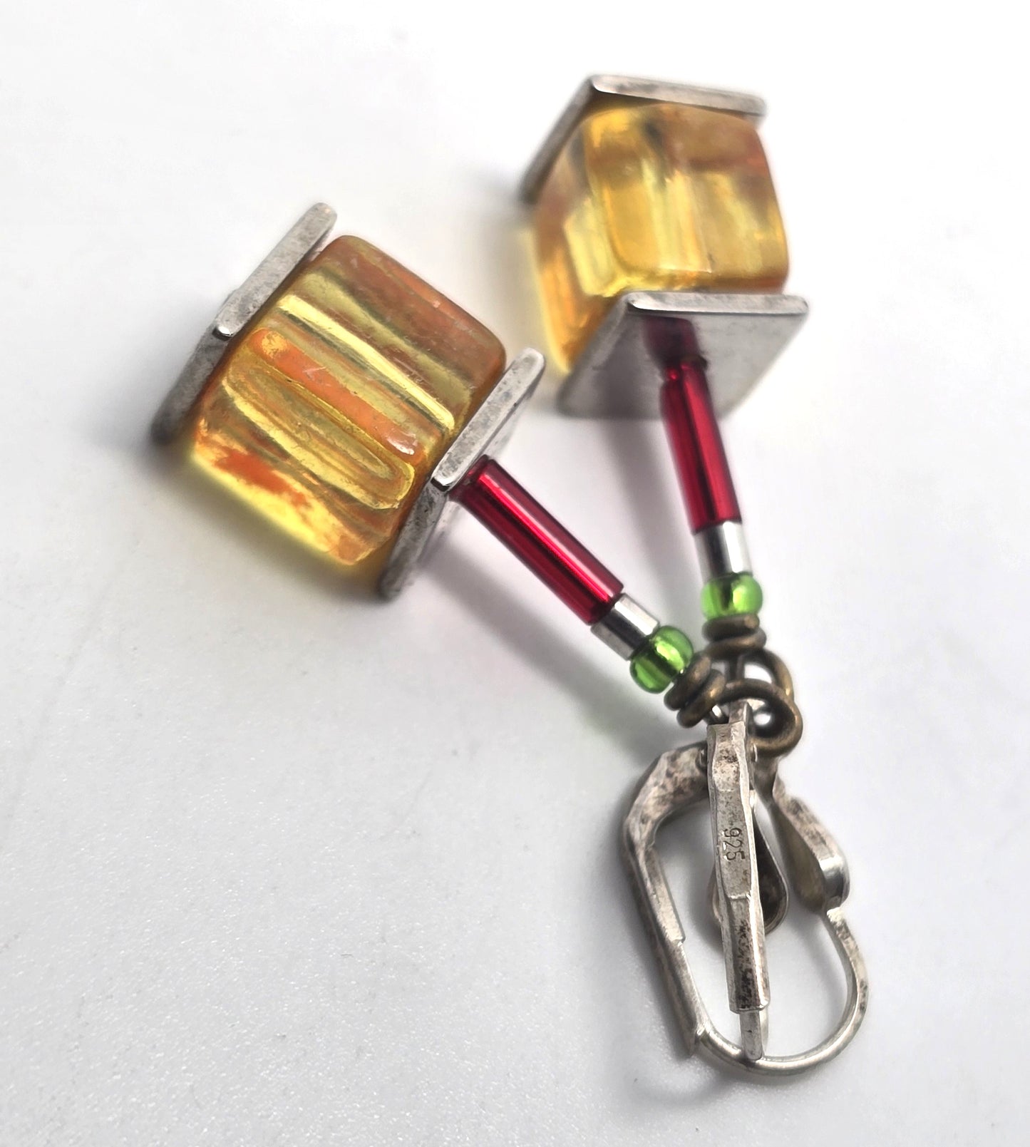 Artisan cubed yellow painted glass modernist sterling silver vintage earrings