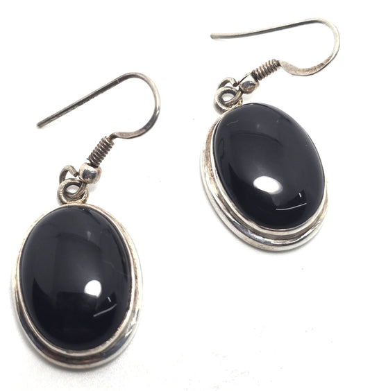Black onyx large Oval retro vintage thick drop sterling silver modernist earrings D