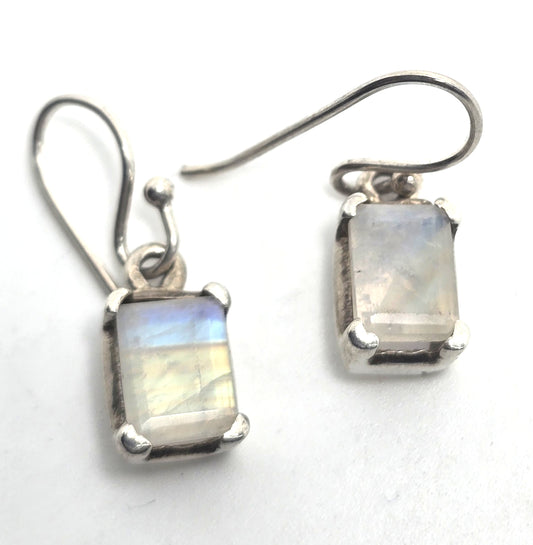 Rainbow moonstone faceted cut open work sterling silver drop earrings
