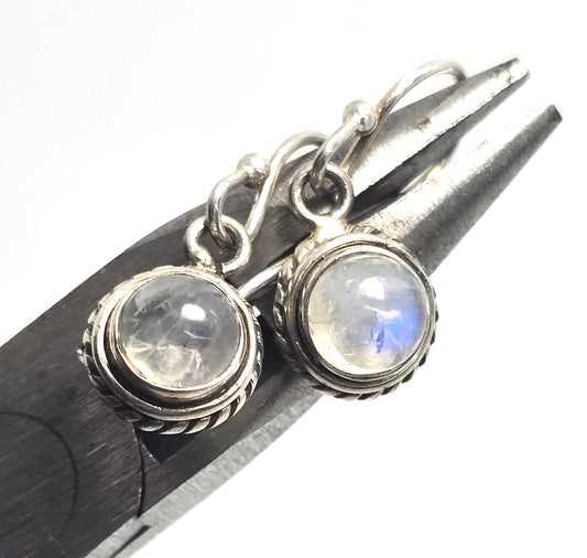 Blue moonstone gemstone twisted halo Balinese sterling silver drop earrings