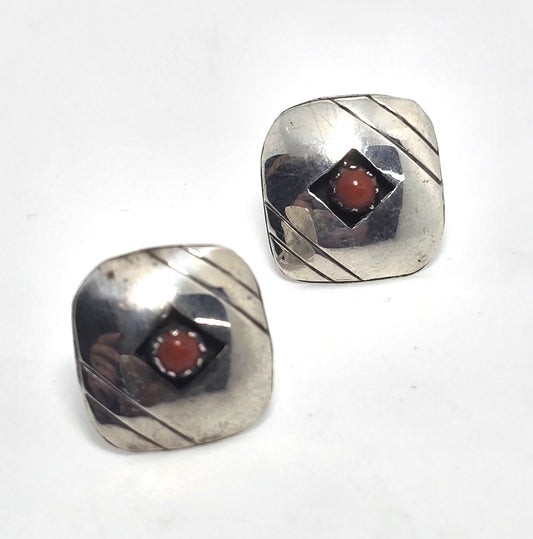 Red coral Native American Concho stamped vintage sterling silver earrings