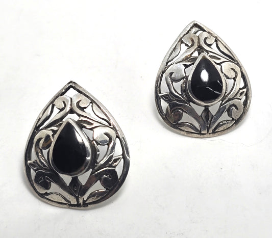 Black Onyx open work swirl sterling silver tear drop vintage stud earrings