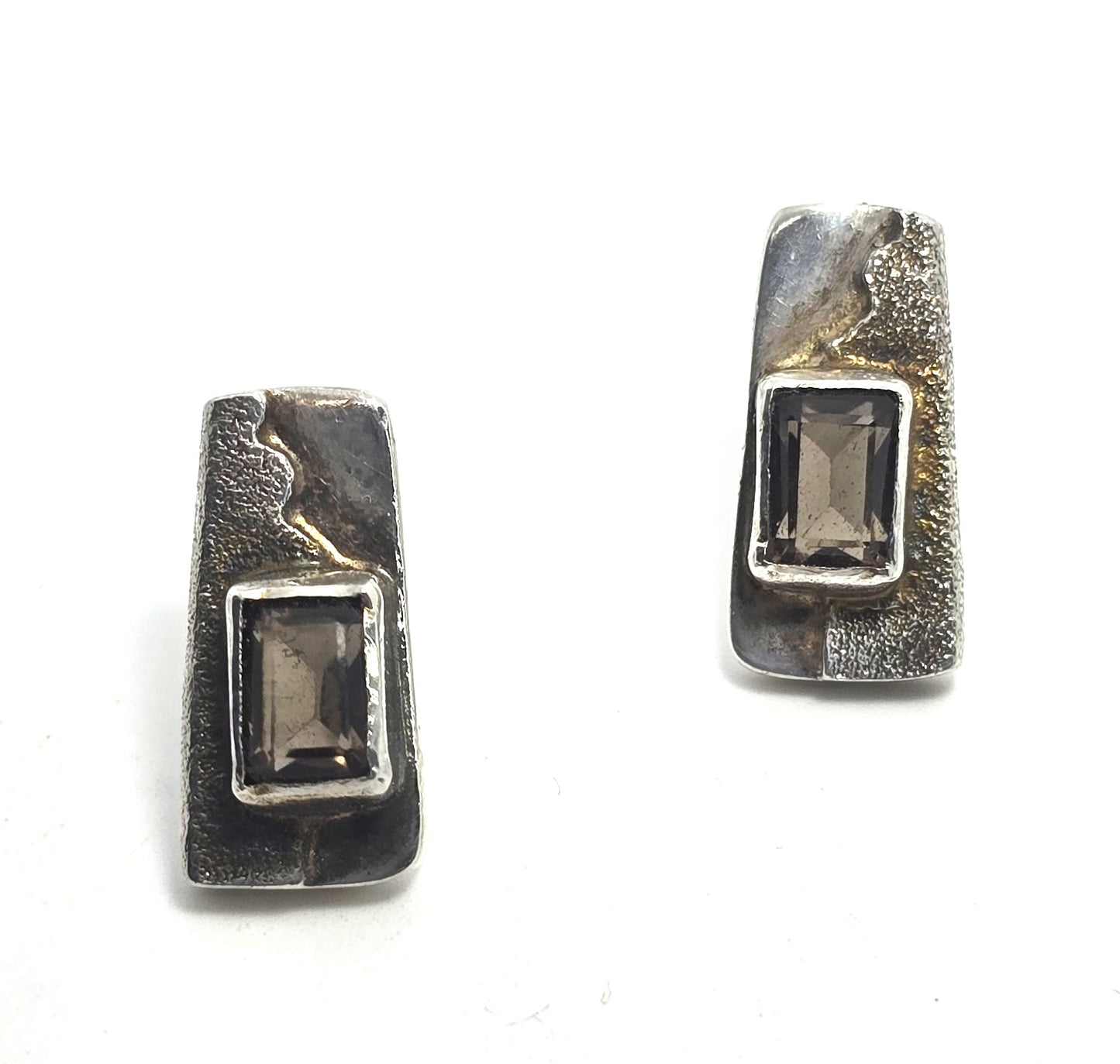 Smoky Quartz faceted abstract solid sterling silver vintage post earrings