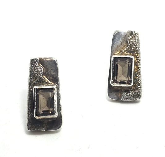 Smoky Quartz faceted abstract solid sterling silver vintage post earrings